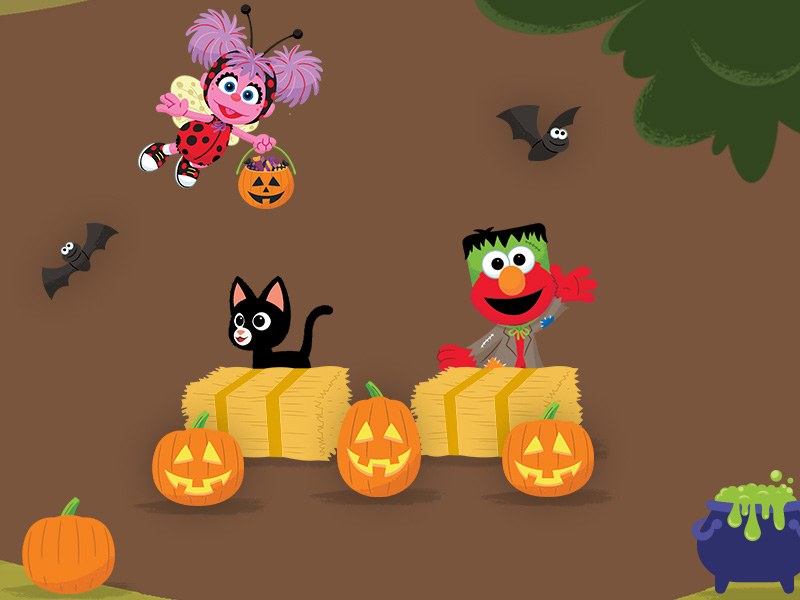 Colorful Halloween scene with Elmo and friends decorating