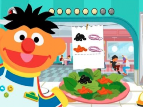 Colorful screenshot of Sesame Street characters making salad together