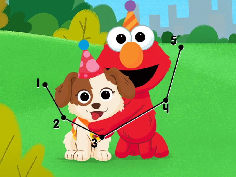Colorful scene of Sesame Street characters at a birthday party connecting dots
