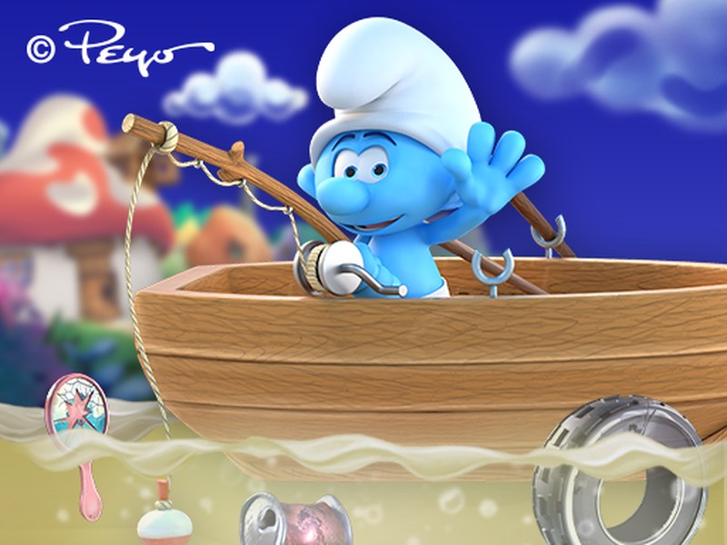 Smurfs diving underwater to clean the ocean filled with trash