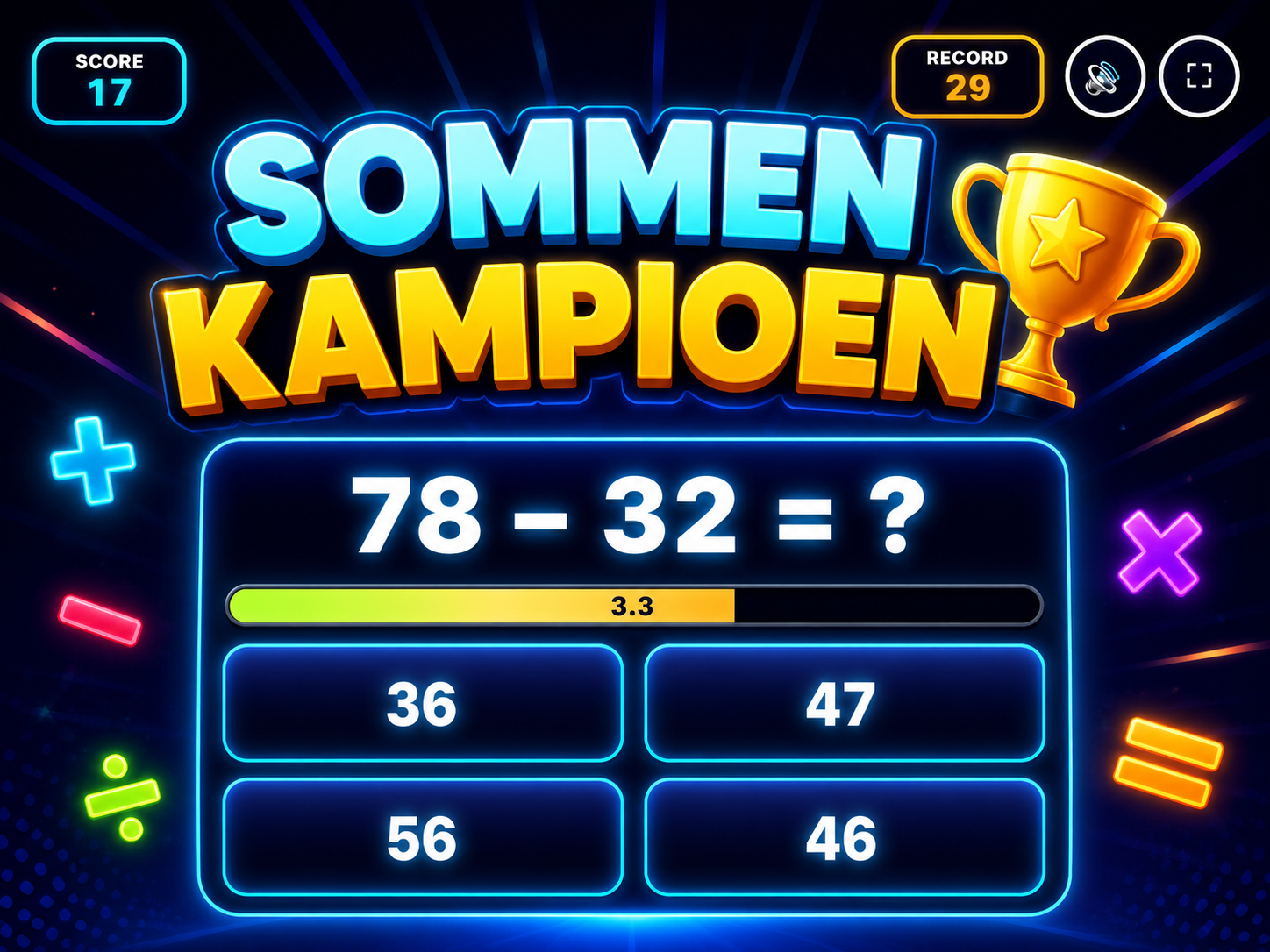 Addition Champion — colorful screenshot of the game with numbers and timers