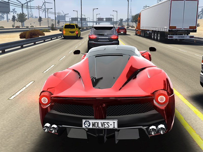 Exciting scene from Traffic Tour with race cars zooming through traffic
