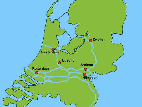 Screenshot of Waterways of the Netherlands Geography game showing interactive map