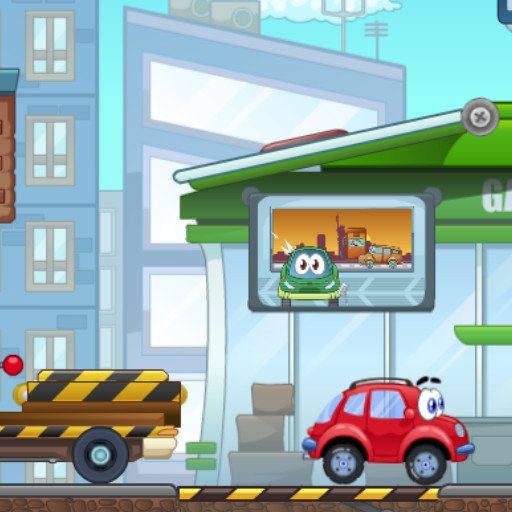 Wheely, a cute little car, navigating through colorful puzzles and obstacles