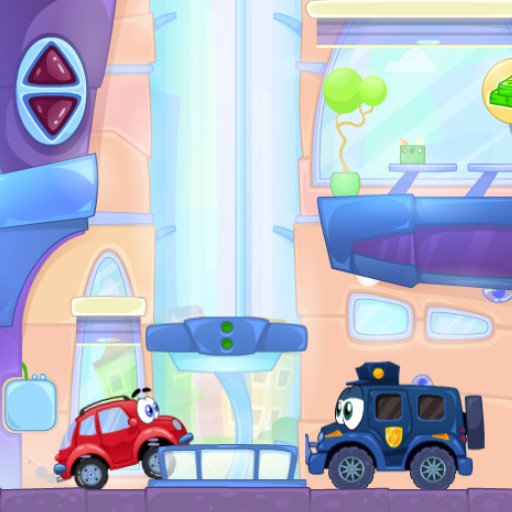 Wheely 7 game scene with a cute red car navigating obstacles