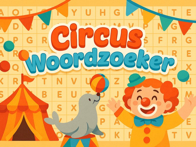 Colorful circus scene with clowns and acrobats in a word search game