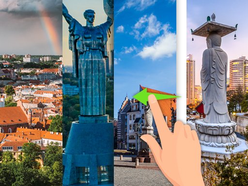 World Puzzle — colorful puzzle pieces coming together to reveal famous landmarks