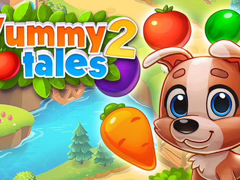 Colorful scene from Yummy Tales 2 featuring fruits and a cute dog