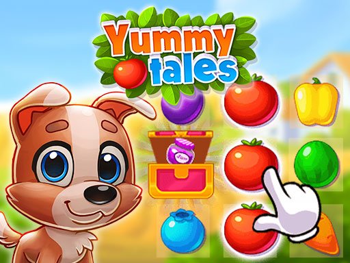 Yummy Tales gameplay featuring colorful fruits and happy animals