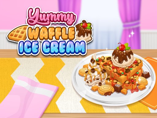 Colorful scene of making delicious waffles with ice cream and toppings