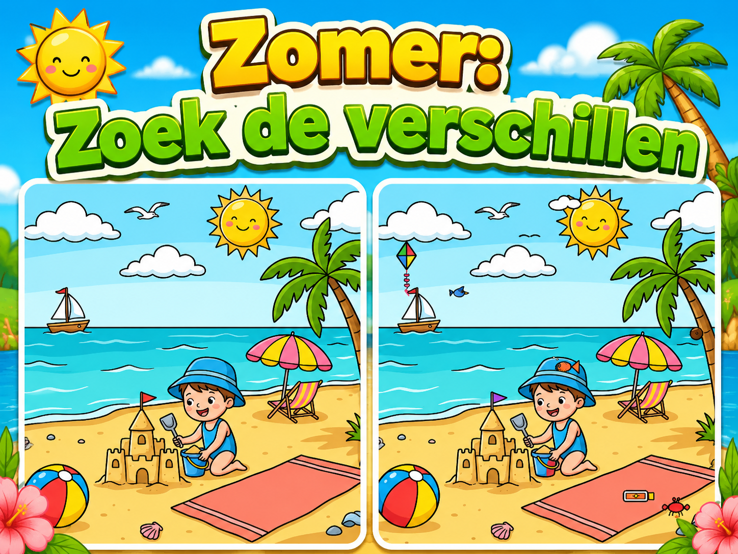Summer beach scene with kids searching for differences